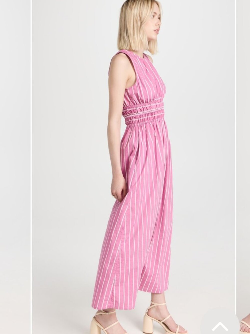 Faithfull The Brand Pink Stripe Smocked Waist Midi Dress Size L Open Back Tie - Picture 5 of 12